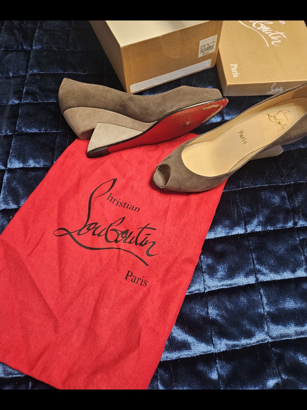 Christian Louboutin Taupe Suede Peep-Toe Pumps with Signature Red Soles